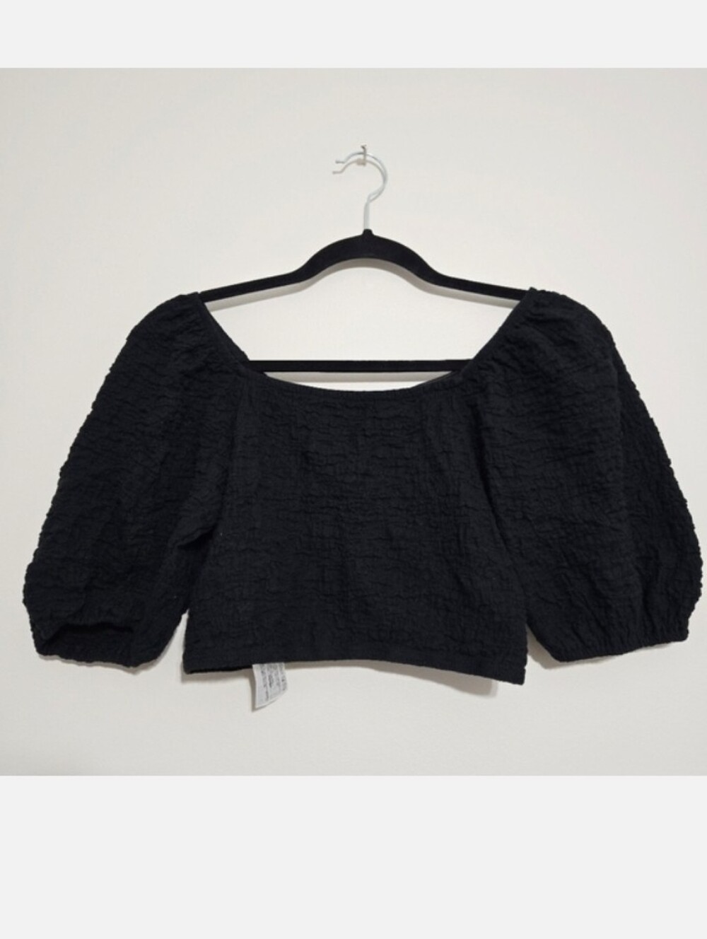 Mango Black Textured Crop Top Puff Sleeve Square Neck Women's Size S